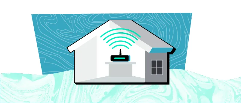 An illustration of a house cut away to show a wifi router centrally placed on a table, emitting wifi signals.